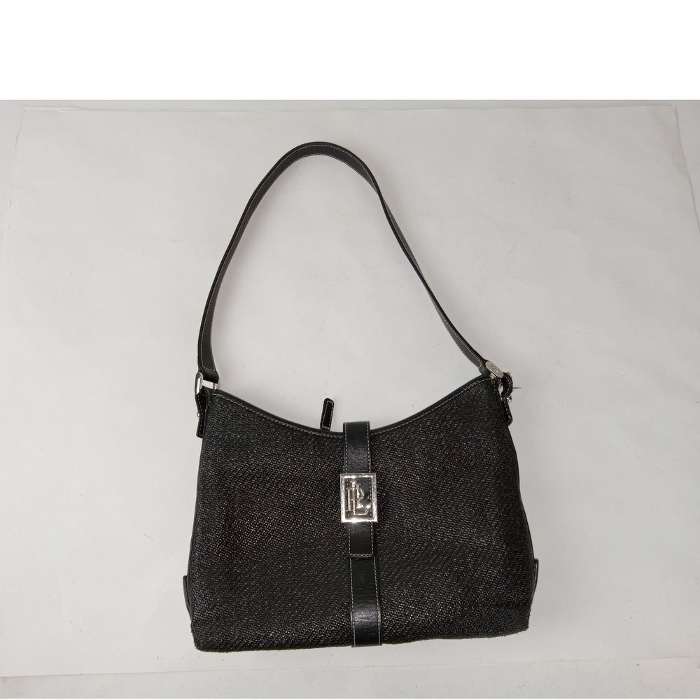 Lauren Ralph Lauren Black‎ Woven Straw Leather Trim Shoulder Bag LRL Logo Hobo